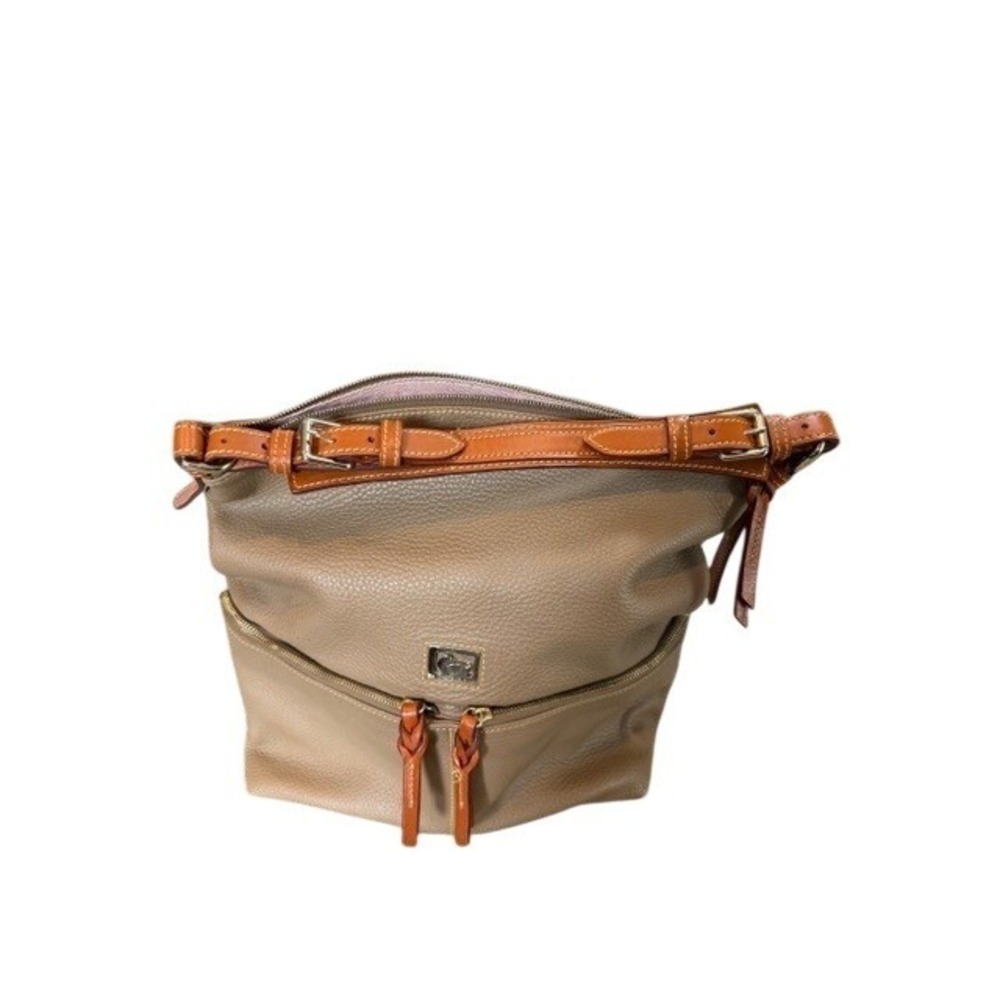 Dooney & Bourke Pebble Grain Leather Hobo Bag Taupe Tan Pink Gingham Lining EUC